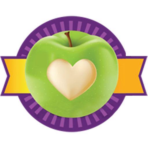 a green apple with a heart symbol carved into it is centered in front of a golden ribbon and a purple circle with radiating lines